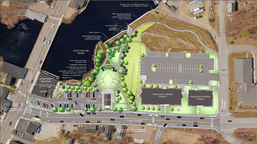 A rendering shows the layout of the new park facing the Contoocook River