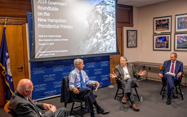 Former New Hampshire Secretary of State Bill Gardner (left), former Governor John Lynch, former Governor John Sununu, Sr. and current Secretary of State David Scanlan at the Saint Anselm College Governors’ Roundtable on the New Hampshire Presidential Primary event on Wednesday, January 17, 2024.