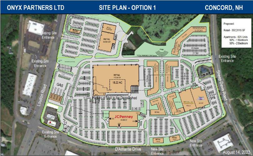 Conceptual plans submitted to the city of Concord show a proposed replacement for Steeplegate Mall and Regal Cinema, between Loudon Road and Sheep Davis Road. The Regal Cinema property is the smaller on the upper lefthand portion of the map. Applebee's restaurant, in the lower left, and TD Bank building, on the center-right, would not be affected.