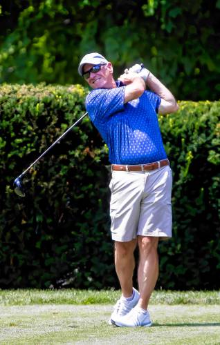 David Perry tees off at the second hole at Concord Country Club in the second round of the 121st State Amateur Championship on Tuesday, July 9, 2024. Perry made the cut to advance to match play on his home course