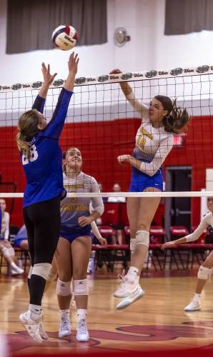 Concord Christian player Sadie Thompson spikes the ball during their Division III match against Interlakes on Saturday, November 9. 2024. The Kingsmen lost in four sets.