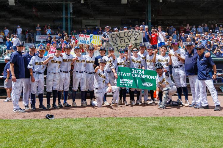 The Bow Falcons celebrate after winning the 2024 Division II baseball championship on June 8.