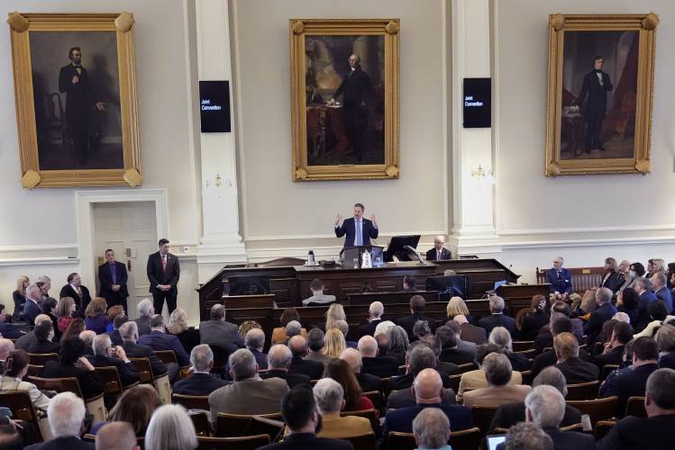 New Hampshire Governor Chris Sununu gestures during his State of the State address at the State House, Thursday, Feb. 15, 2024, in Concord, N.H. (AP Photo/Charles Krupa)