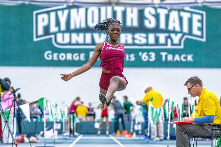 Concord’s Ballay Conteh competes in the long jump at the NHIAA Division I indoor track and field championships on Saturday at Plymouth State University. Conteh finished second in the long jump and was part of the champion 4x200-meter relay to lead the Crimson Tide to second place.