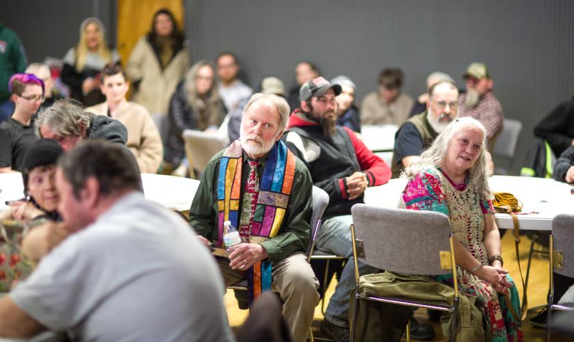 Pastor David Keller waits to speak at the  memorial service for Rodney Moody brought out friends and part of the unhoused community on Saturday, March 30.  Moody died at the Concord Coalition to End Homelessnessâs winter shelter on February 23rd. After the service, a group walked in a procession from CenterPoint Church on North State over to the shelter in honor of Moody.