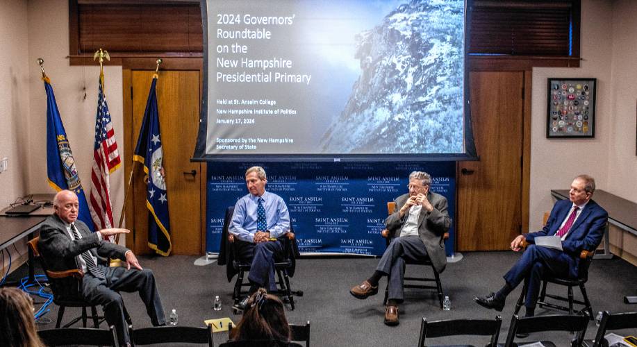 Former New Hampshire Secretary of State Bill Gardner (left), former Governor John Lynch, former Governor John Sununu, Sr. and current Secretary of State David Scanlan at the Saint Anselm College Governors’ Roundtable on the New Hampshire Presidential Primary event on Wednesday.