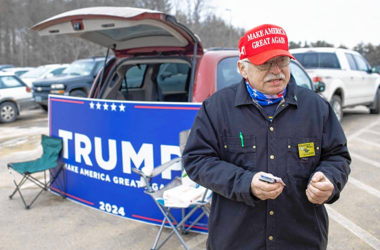 New Hampshire State Representative and Trump supporter Clayton Wood outside the Pittsfield Middle High School on Tuesday, January 22, 2024.