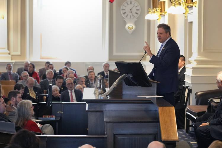New Hampshire Governor Chris Sununu gestures during his State of the State address at the State House, Thursday, Feb. 15, 2024, in Concord, N.H. (AP Photo/Charles Krupa)