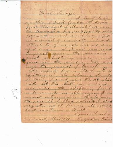 Letter from Augustus Harris to Johnathan Sawyer dated April 15, 1861, just after the news spread about the attack on Fort Sumter.