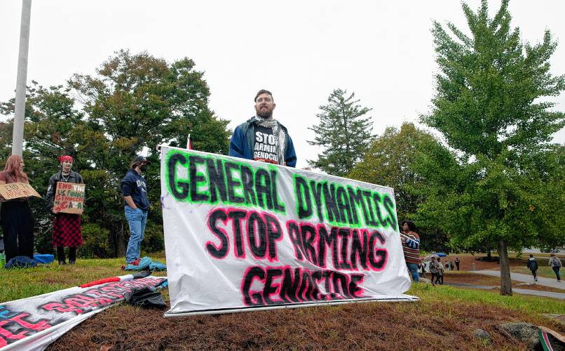 Sebastian Rowan helps lead a protest on the campus of the University of New Hampshire on September 26, 2024. Rowan was charged with assaulting two police officers during a protest on May 1, 2024, but those charges were dropped last week.