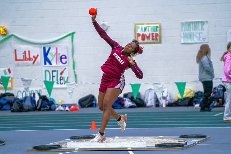 Concord’s Consuelo Borico tosses the shot put during Saturday’s state meet, ultimately finishing second to provide important points to the Crimson Tide’s second-place team tally.
