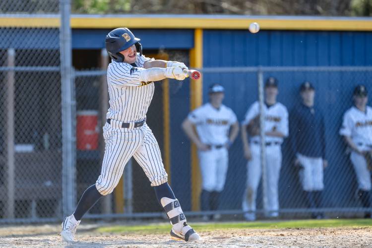 Bow’s Owen Webber hits a home game against Coe-Brown Northwood Academy on April 26. Webber, an All-State First Team catcher, is back behind the plate for the Falcons this spring.