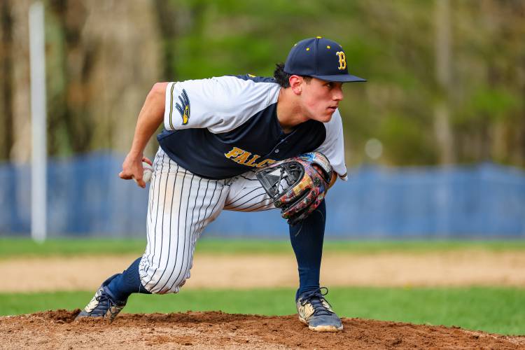 Bow pitcher Dillan Abbate stares in for the sign during a game against John Stark on May 1. Abbate, an All-State Second Team pick, is back for the Falcons this spring.
