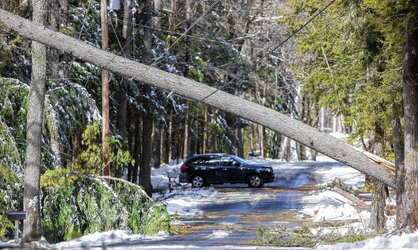 An SUV turns around rather than drive under a downed tree that is tangled in power lines in Hopkinton on Monday.