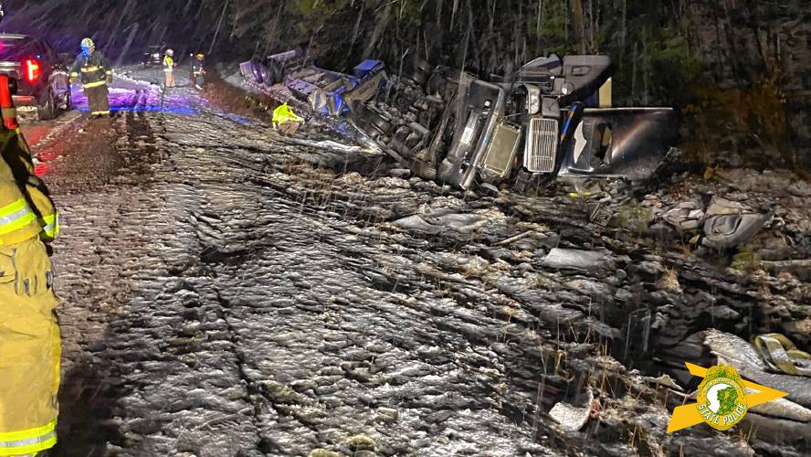 The scene of a tractor trailer rollover on I-89 southbound in Warner Wednesday night.