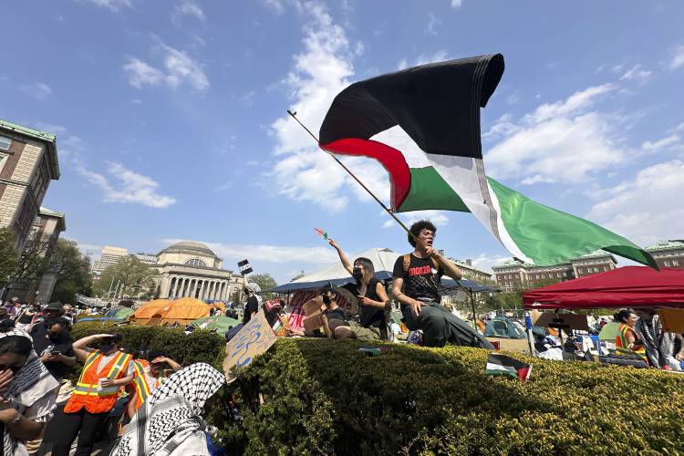 Demonstrators are on the Columbia University campus in New York at a pro-Palestinian protest encampment on Monday, April 29.