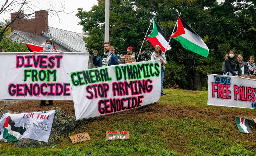 Sebastian Rowan helps lead a protest on the campus of the University of New Hampshire on Sept. 26. Rowan was charged with assaulting two police officers during a protest on May 1, but those charges were dropped.