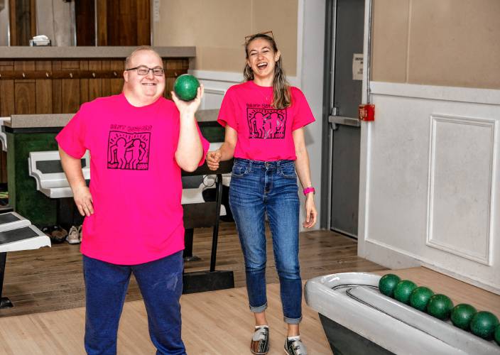 Cheyenne Boucher and Owen Sansoucie have a bowling night at Boutwellâs in Concord on Wednesday, November 6, 2024. The athletic director at Pembroke Academy asked Boucher asked if sheâd be willing to serve as chapter president of Best Buddies. Knowing little about the organization beyond its premise of partnering students with disabilities with their peers to form meaningful friendships, she said yes.