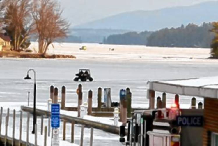 Gilford firefighters drive a UTV out onto Lake Winnipesaukee on Saturday morning in response to a report of a building fire on Welch Island. No fire was found, but the UTV broke through ice, weakened by a pressure ridge, on its return to Glendale Docks. The firefighters were uninjured. Gilford firefighters drive a UTV out onto Lake Winnipesaukee on Saturday morning in response to a report of a building fire on Welch Island. No fire was found, but the UTV broke through ice, weakened by a pressure ridge, on its return to Glendale Docks. The firefighters were uninjured.