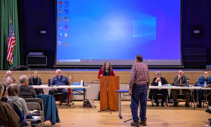Allenstown town moderator Judy Silva listens in to the discussion at the deliberative town session on Saturday, February 1, 2025.