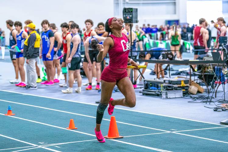 Concord’s Grace Saysaw crosses the finish line to clinch Concord's victory in the 4x200-meter relay at the NHIAA Division I indoor track and field championships on Saturday at Plymouth State University. Saysaw ran the final leg of the relay and also finished second in the finals of the 55-meter dash to lead Concord to second place overall.