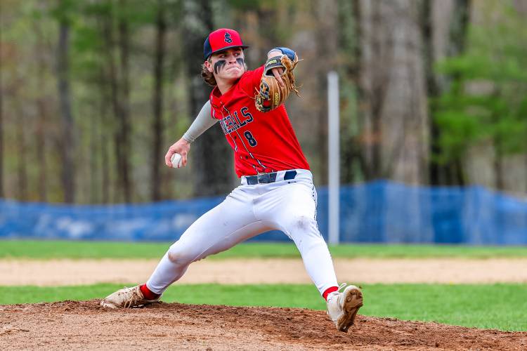 John Stark’s Chase Philibotte delivers a pitch for the Generals against Bow last May. Philibotte was named to the All-State First Team last season and will be John Stark’s ace this year.