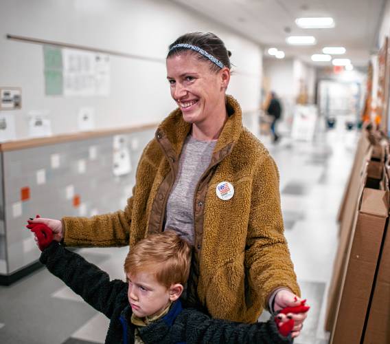 Audrey Redmond with her son, Flynn, at Ward 5 on Tuesday, November 7, 2023.