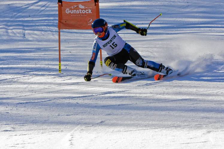 Hopkinton’s Harrison Wilson competes in the giant slalom at the NHIAA Division III Alpine ski championship at Gunstock on Thursday. Wilson won the GS to help lead Hopkinton to the team title.