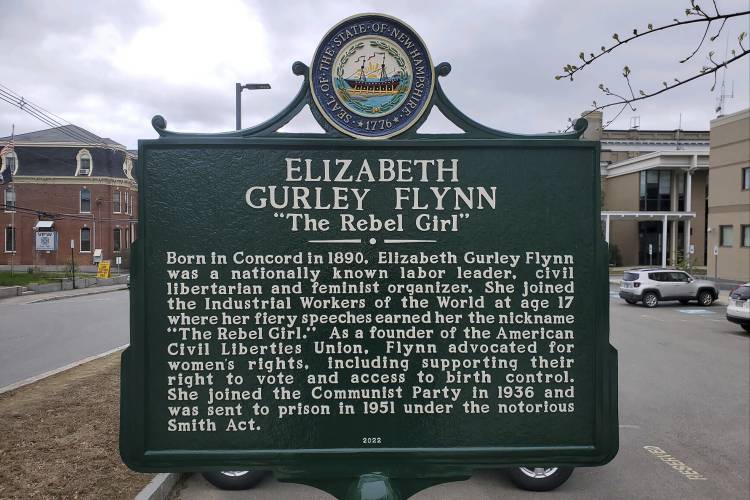 A historical marker dedicated to Elizabeth Gurley Flynn stands in Concord, N.H., Friday, May 5, 2023. A judge dismissed a lawsuit against the state brought by supporters of the marker, saying they lacked the legal right or interest to argue for the marker's restoration.