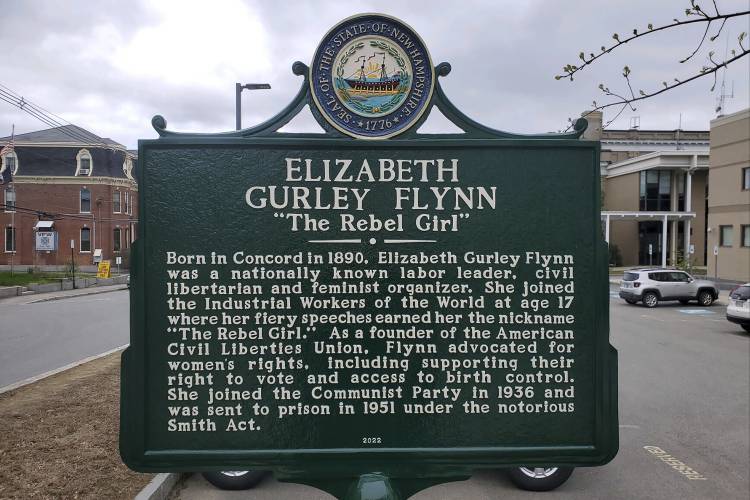 A historical marker dedicated to Elizabeth Gurley Flynn stands in Concord, N.H., Friday, May 5, 2023. A judge dismissed a lawsuit against the state brought by supporters of the marker, saying they lacked the legal right or interest to argue for the marker's restoration. A historical marker dedicated to Elizabeth Gurley Flynn stands in Concord, N.H., Friday, May 5, 2023. A judge dismissed a lawsuit against the state brought by supporters of the marker, saying they lacked the legal right or interest to argue for the marker's restoration.