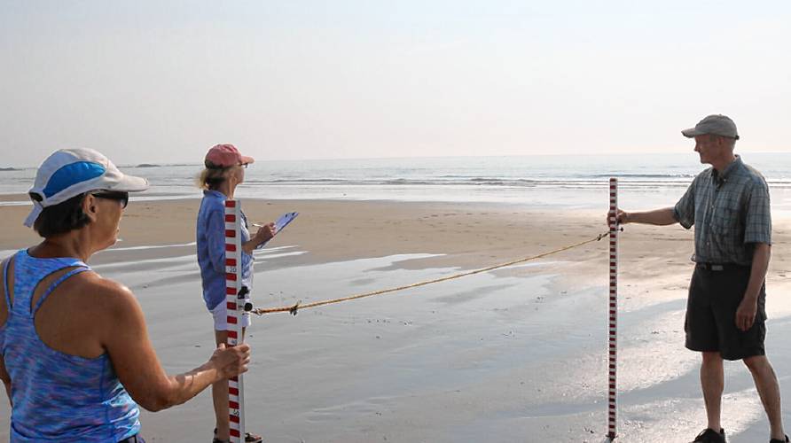 Volunteers Molly Dennett, Alfred Ackerman, and Ellen Saas perform a beach profile. Volunteers Molly Dennett, Alfred Ackerman, and Ellen Saas perform a beach profile.