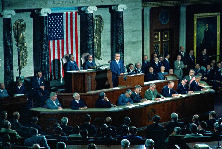 U.S. President Richard M. Nixon, is shown in this September 1971 photo addressing a joint session of Congress in the House of Representatives chamber in Washington D.C. U.S. President Richard M. Nixon, is shown in this September 1971 photo addressing a joint session of Congress in the House of Representatives chamber in Washington D.C.