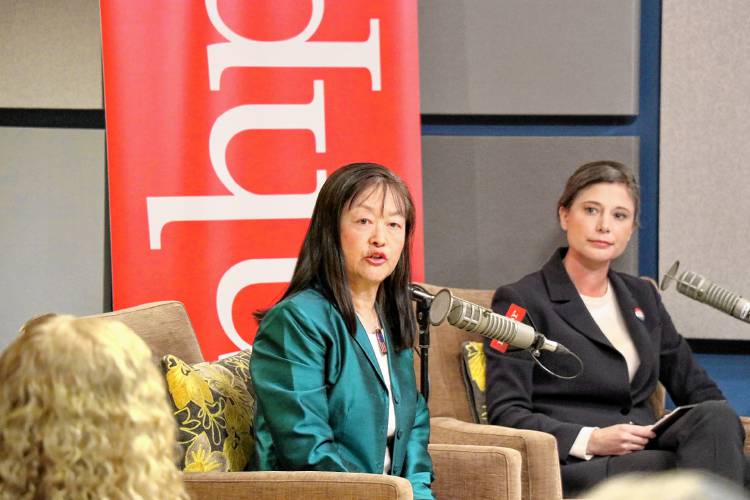N.H. Congressional District 2 candidates Lily Tang Williams, left, and Maggie Goodlander at a debate at the NHPR studios Monday.