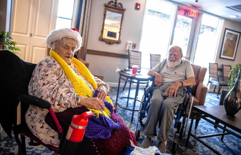 Lucienne Boisvert also found love with her boyfriend, Louis Bellaud at Peabody Place in Franklin on Tuesday, December 24, 2024. Boisvert, who has been blind for the past fifteen years, crochets daily. In that time, she has donated over 2000 scarves and $4000 to homeless shelters and low income families thanks to a partnership with the Meredith Village Savings Bank.