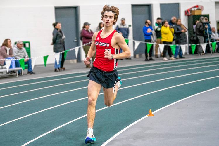 Coe-Brown's Jamie Lano races in the 3,000 meters during an indoor track meet at Plymouth State on Saturday, Jan. 13, 2024. Lano is the top seed in the 1,000-, 1,500- and 3,000-meter races for this weekend's Division II championship and will need to have a big day if Coe-Brown is going to defend its crown.