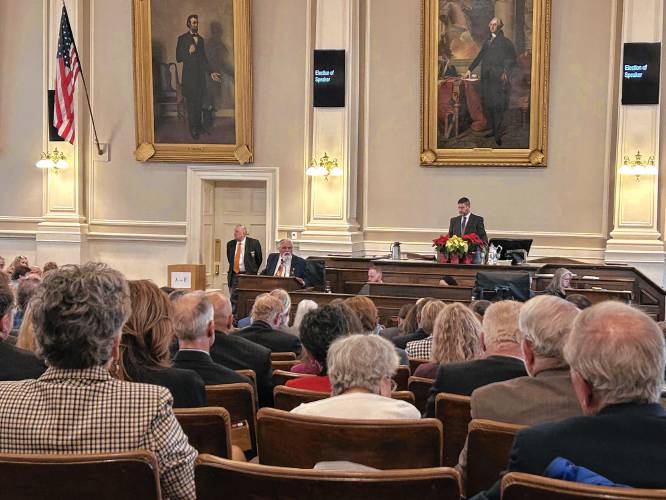 NH Speaker of the House Sherman Packard looks out over the state House of Representatives during Organization Day Wednesday.