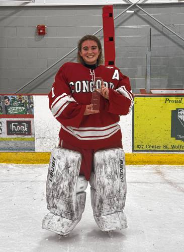Concord senior goaltender Kaylee DelloIacono won the Kingswood Holiday Tournament MVP award. Concord claimed the tournament title after defeating Exeter, 6-4, in the final on Friday.