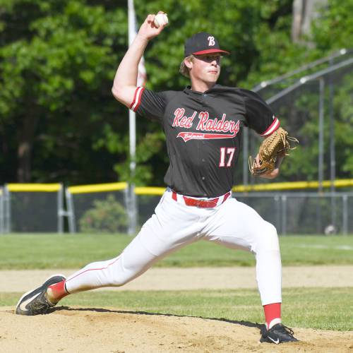 Belmont’s Anakin Underhill delivers a pitch against White Mountains last June. Underhill led the Raiders to the Division III championship game last year, but Belmont lost to Monadnock in the final. Underhill is committed to play Division I baseball in college for Sacred Heart University.
