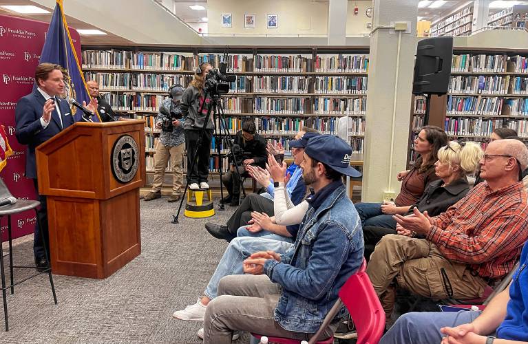 Democratic presidential candidate Dean Phillips speaks at at Franklin Pierce University Monday. 