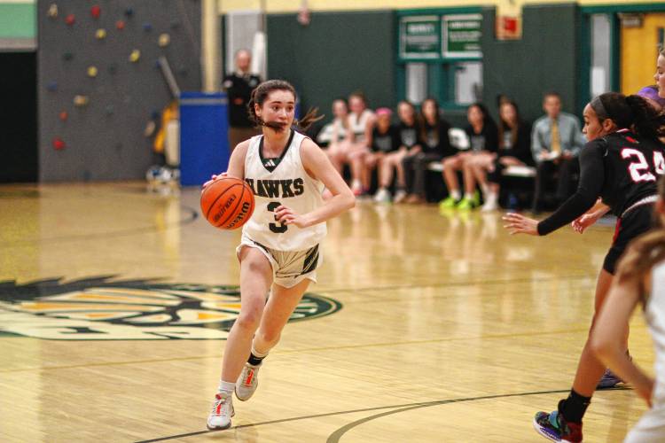 Hopkinton junior Shaylee Murdough drives to the basket during Friday night’s game over Stevens. Murdough led the Hawks with 16 points on Friday night and 12 points on Monday as Hopkinton won both games against the Cardinals.