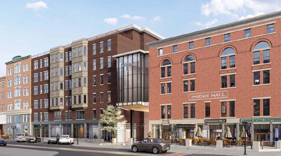 A redition of a proposed mixed-use building to replace the closed CVS on North Main Street, with a glass-fronted connection to Phenix Hall.
