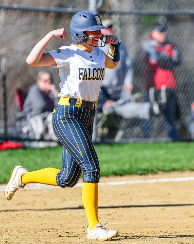 Bow’s Lilly Wright rounds the bases after hitting a two-run homer in a victory over Campbell at home on Monday. Wright helped lead the Falcons to a 5-4 victory.