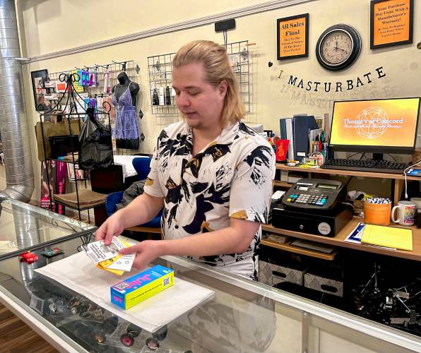 James Roesener, manager of Thorne’s of Concord, and also a state representative in the NH House, puts together a package for pickup