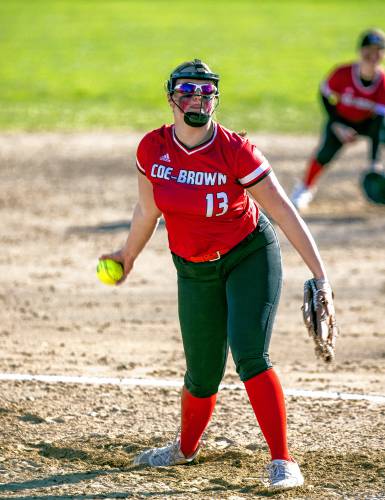 Coe-Brown pitcher Jayden Porter (13) went four innings for the win against Pembroke and had three RBI at the plate.