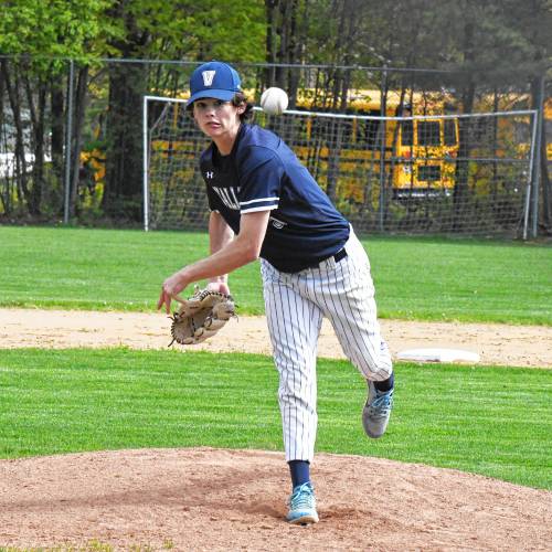 Merrimack Valley pitcher Jonas Weed delivers a pitch during Monday’s 2-1 loss to Bow. Weed fanned 11 in six innings of work.