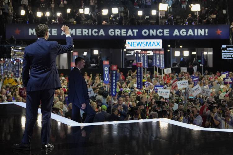 Republican vice presidential candidate Sen. JD Vance, R-Ohio, gestures to the crowd as he arrives to speak at the 2024 Republican National Convention at the Fiserv Forum, Wednesday, July 17, in Milwaukee. Republican vice presidential candidate Sen. JD Vance, R-Ohio, gestures to the crowd as he arrives to speak at the 2024 Republican National Convention at the Fiserv Forum, Wednesday, July 17, in Milwaukee.