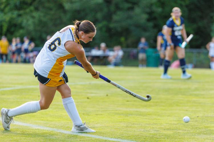 Bow’s Kaylee Jacques shoots toward goal. The ball was deflected by the defense and went in to make the score 7-0. The Falcons went on to win 8-0.