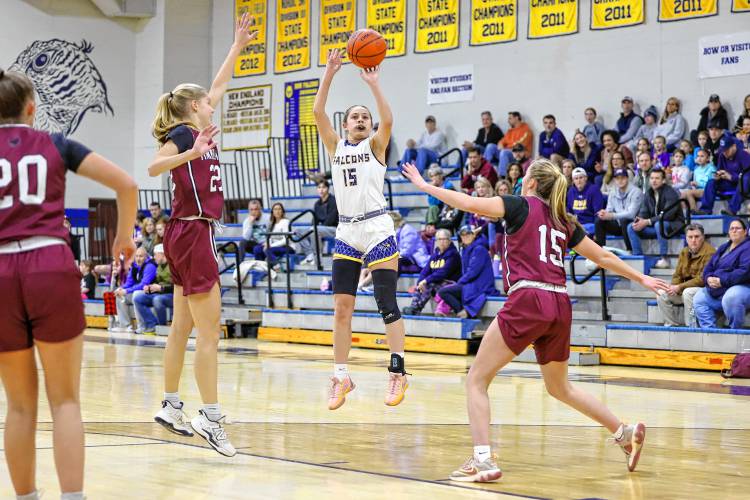Bow’s Juliette Tarsa takes a shot during a game against Timberlane at Bow High School on Tuesday. Tarsa scored 25 points to lead the Falcons to their fifth straight victory, 47-22.