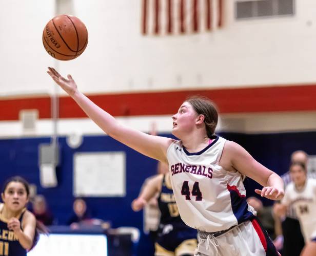 John Stark center Eleanor Girardet goes up for a rebound during the second half of a game against Bow in late January. The Generals meet No. 1 Concord Christian in the D-II girls’ basketball semifinals on Wednesday. John Stark center Eleanor Girardet goes up for a rebound during the second half of a game against Bow in late January. The Generals meet No. 1 Concord Christian in the D-II girls’ basketball semifinals on Wednesday.