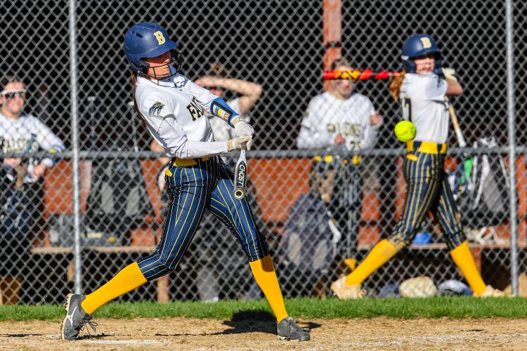 Bow’s Emma Kelly connects on a line drive to right field during a home game against Campbell on Monday. Kelly drove home the game-winning run in the seventh inning as the Falcons defeated the Cougars in a 5-4 walk-off victory.